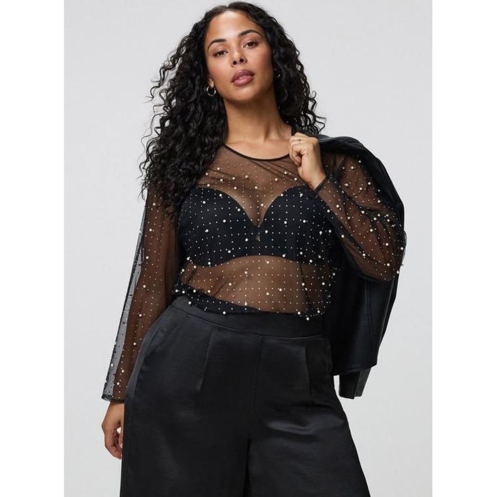 Torrid 5 Black Sheer Mesh Pearl Rhinestone Embellished Long Sleeve Top Plus Size